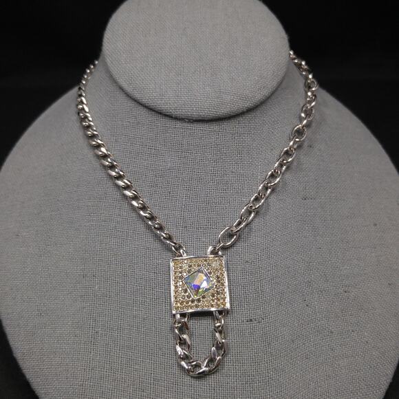 Vintage Swarovski AB Square Pendant Necklace Swan Logo Rhodium - Picture 3 of 9